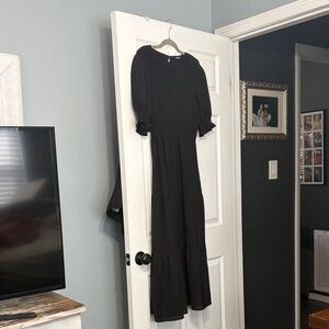 Black Maxi Dress with Puff Sleeves and Tiered Skirt